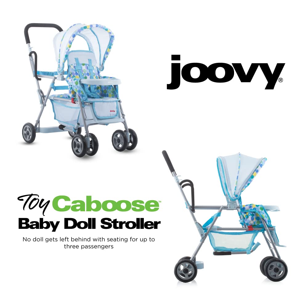 Joovy Toy Caboose Baby Doll Stroller Featuring Reclining Front Seat, Adjustable Footrest, Storage Basket, Extendable Canopy, And Snack Tray - Holds 3 Dolls (Blue Dot)
