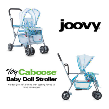Joovy Toy Caboose Baby Doll Stroller Featuring Reclining Front Seat, Adjustable Footrest, Storage Basket, Extendable Canopy, And Snack Tray - Holds 3 Dolls (Blue Dot)