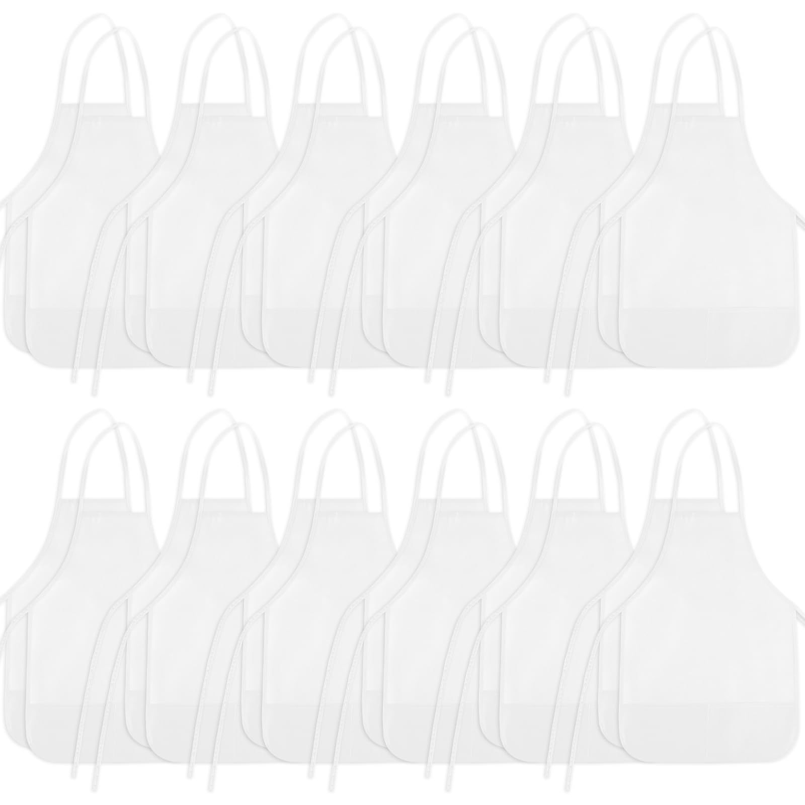BOUBONI 24 Pieces White Kids Painting Aprons Kids Art Aprons with 2 Roomy Pockets Kids Aprons for Art Painting Activity Kitchen 