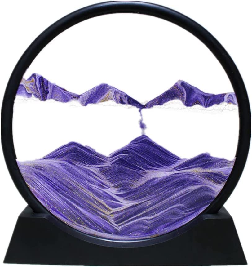 Moving Sand Art Picture, Round Glass 3D Deep Sea Sandscape In Motion Display, Flowing Sand Frame, Sensory Relaxing Desktop Home Office Work Desk Decor (7 Inch, Purple)