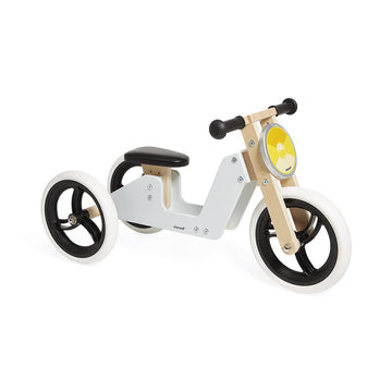 Janod - 2-In-1 Wooden Scalable Tricycle Balance Bike – Adjustable Seat & Ergonomic Handles – Retro Vintage Look – Balance And Independence – Gray Color – 18 Months + J03280, White
