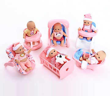 Powertrc 6 Set Of Mini 5 Inch Baby Girl Toy Dolls Collection With High Chair, Cradle, Walker, Swing, Bathtub And Baby Seat Accessories For Girls 3-6 Years Old