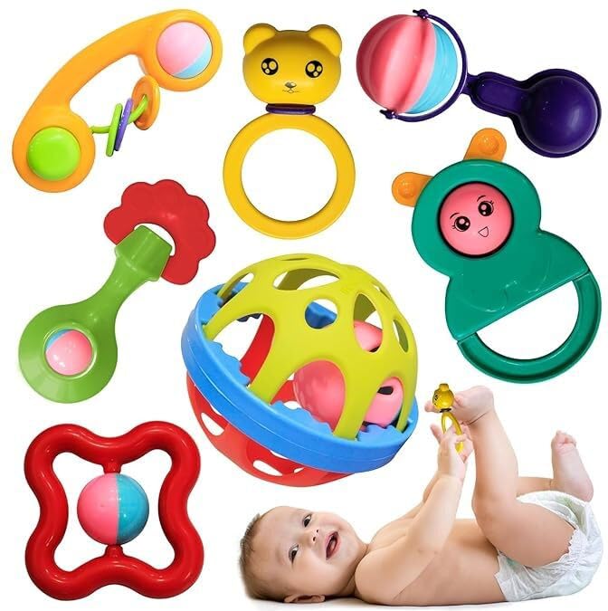 BarodianS 7Piece Baby Rattle & Teether Set  Multicolor Educational Toys For Infants  Sensory Development