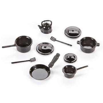 Dollhouse Miniature Metal Pots and Pans, Black, 10 Piece