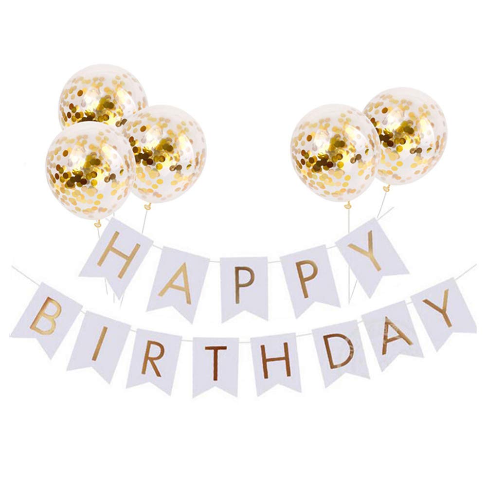 Tellpet White Happy Birthday Banner With 5 Pcs Gold Confetti Balloons