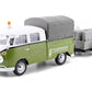Motormax 79676 Volkswagen T1 Pickup with Canopy Green & White with Trailer Road Service 1-24 Scale Diecast Model Car