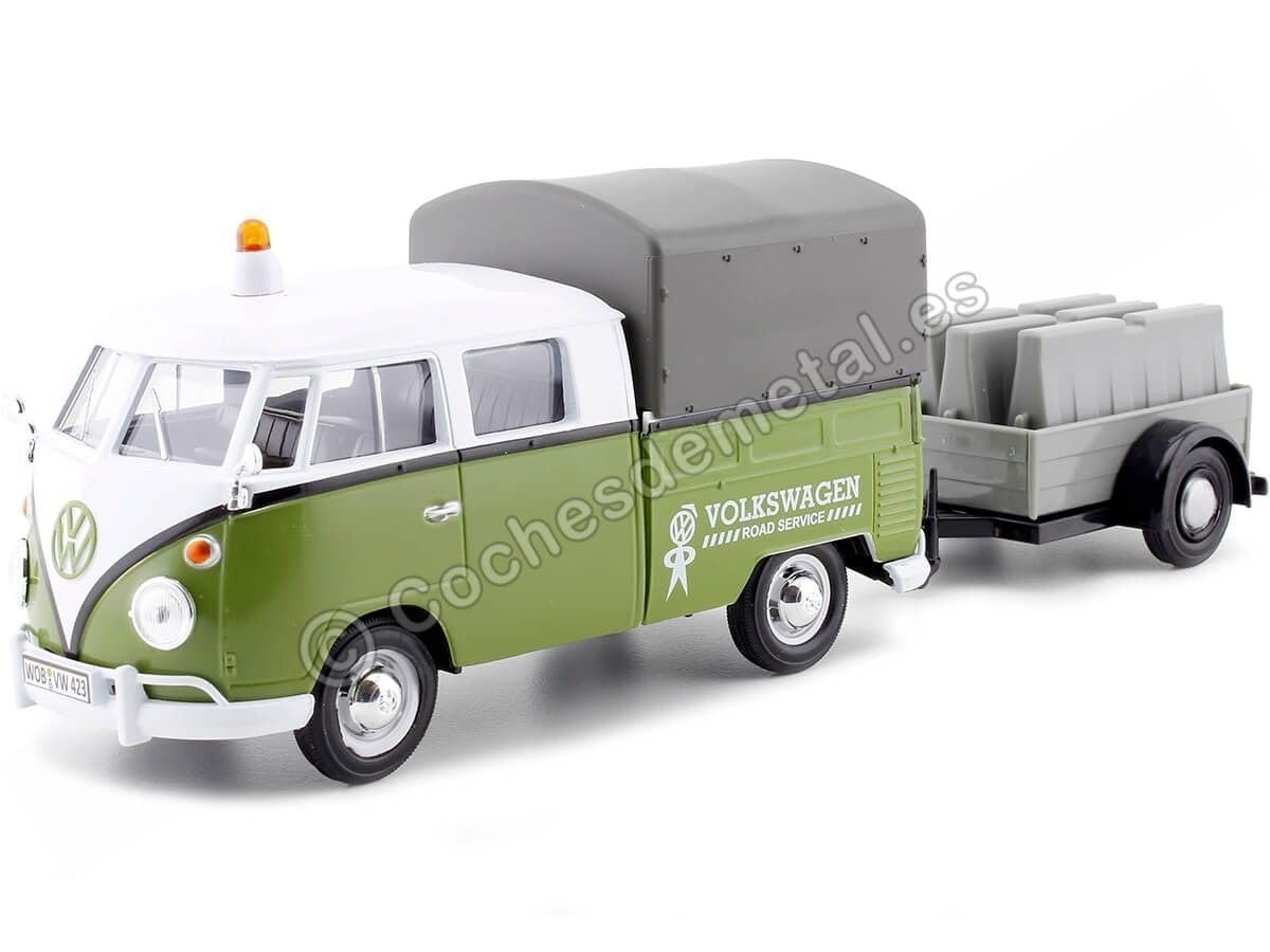 Motormax 79676 Volkswagen T1 Pickup with Canopy Green & White with Trailer Road Service 1-24 Scale Diecast Model Car