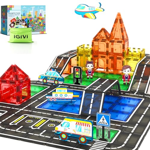 Igivi Magnetic Tiles City Road Set With Magnet Car Toys, Magnetic Blocks Building Toys For Kids, Stem Construction Toys For Toddlers,Toy Gifts For 3+ Year Old Boys & Girls