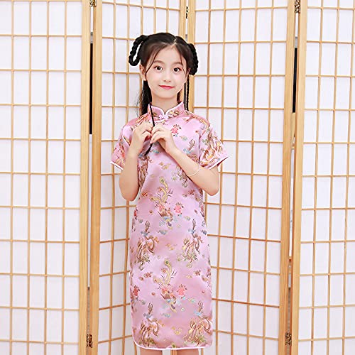 Girls Chinese Qipao Dress Dragon Pattern Short Sleeve Cheongsam Costume for Birthday Party Wedding (US, Age, 9 Years, 10 Years,
