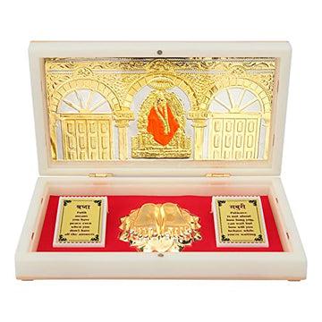 ARNAVIRA Gold Plated Photo Frame with Charan Paduka Pocket Temple for House Warming Gifts Return Gift Diwali Gift Puja Box (Shri