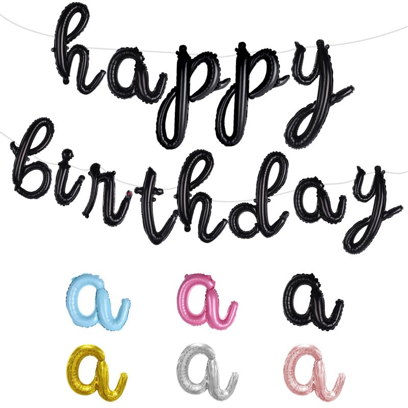 Balloon Vibe Happy Birthday Balloon Banner - Black 16 Inch Cursive Mylar Foil Letters Happy Birthday Banner For Birthday Decor -