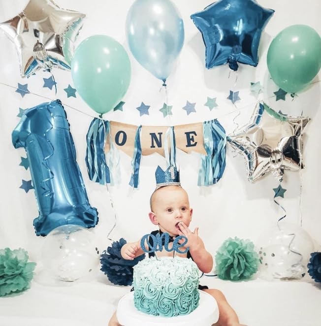 Baby 1St Birthday Boy Decorations With Crown - Baby Boy First Birthday Decorations High Chair Banner - Cake Smash Party Supplies