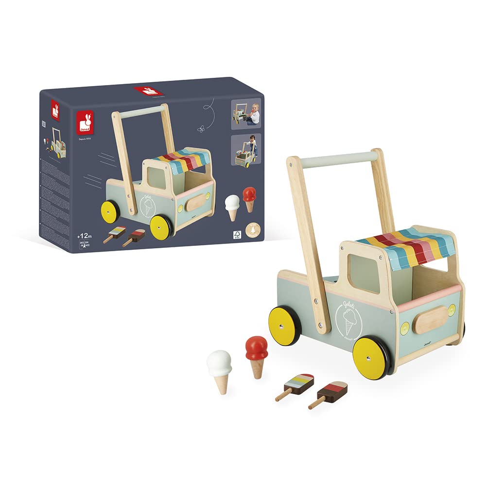 Janod Wooden Pull-Along Ice Cream Cart with 4 Ice Creams, Silent Wheels, Anti-Tip System, FSC-Certified, Multicoloured, Model J08049
