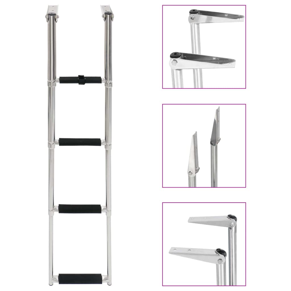 vidaXL Telescopic Folding Boarding Ladder - 4-Step Stainless Steel - Compact, High Strength, Slip-Proof Tread, with Mounting Acc