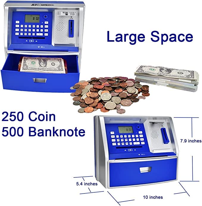 Like Talking ATM Savings Bank - Digital Piggy Bank for Kids, Blue/Silver, Model G972E, Plastic Money Coin Machine