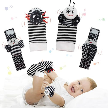 Wrist Rattle Foot Finder Sock for 0-36 Months Baby Boys and Girls, Newborn Baby Soft Hand & Feet Rattle 0-3 Years, Black and Whi