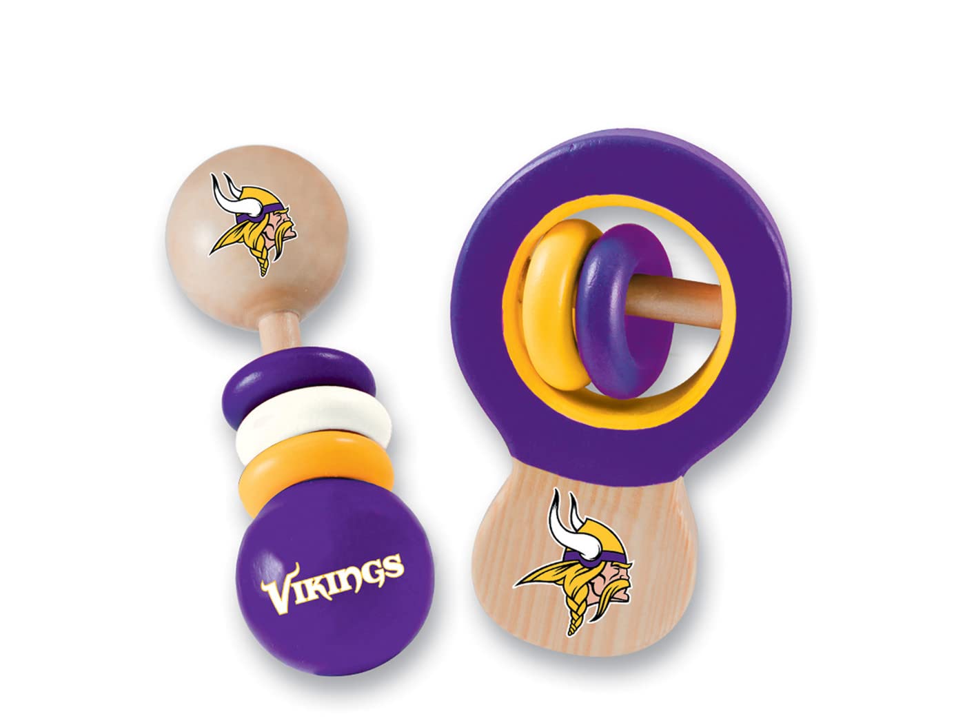 Baby Fanatic NFL Minnesota Vikings Wood Rattle 2 Pack - Official Baby Toy Set, Multicolor