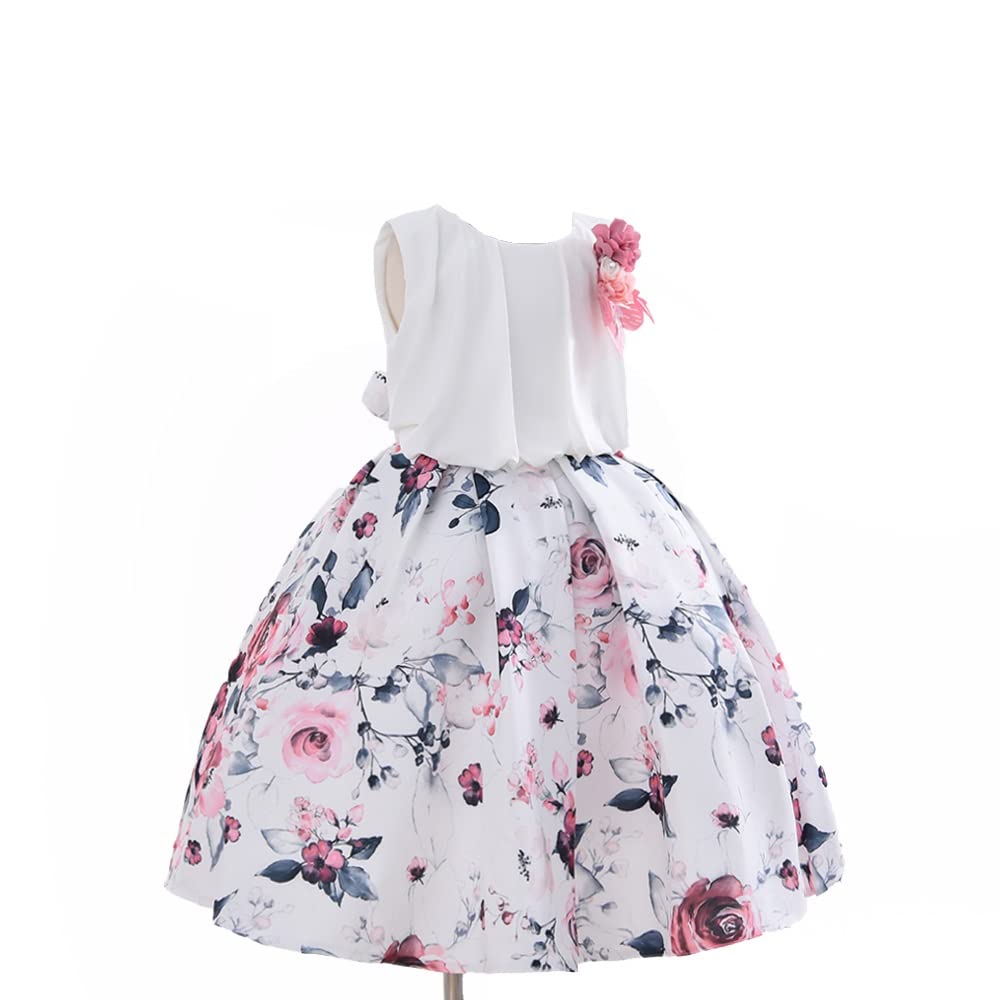 Cosplay Life Elegant Flower Dress for Girls Young mature-themed Fashion Bow Flower Waistline Kids Party Festival Ages 5-9 Years Old (White  7yrs)