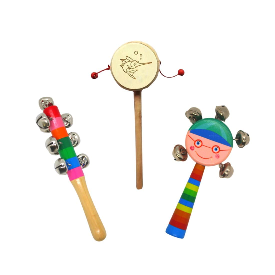 Little Mind Knk Wooden Baby Musical Rattle Toy Set  Multicolour Bell Stick, Face Bell Rattle, Damru Drum Shaker | Sensory Sound