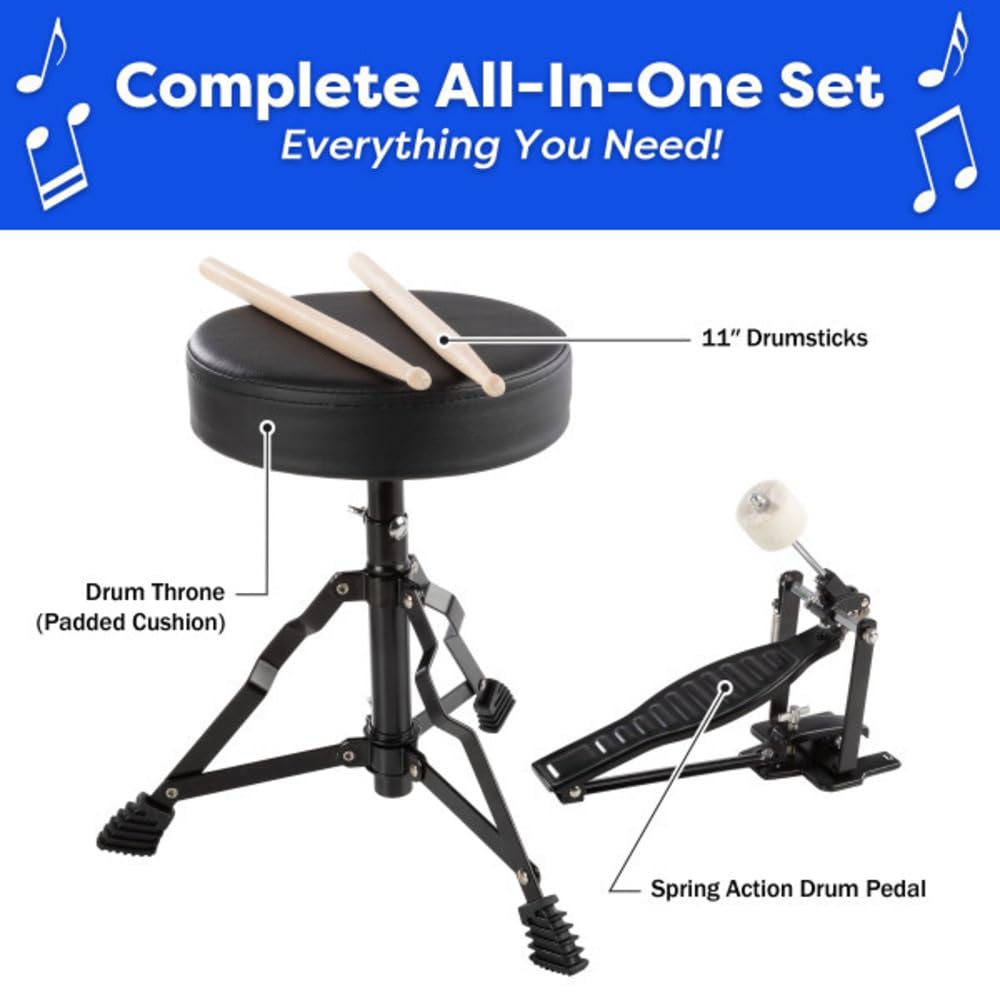 Hey Play Kids 3-Piece Drum Set - Kit With Cymbal, 2 Toms, Bass And Pedal, Drumsticks And Throne - Beginner Musical Instruments (