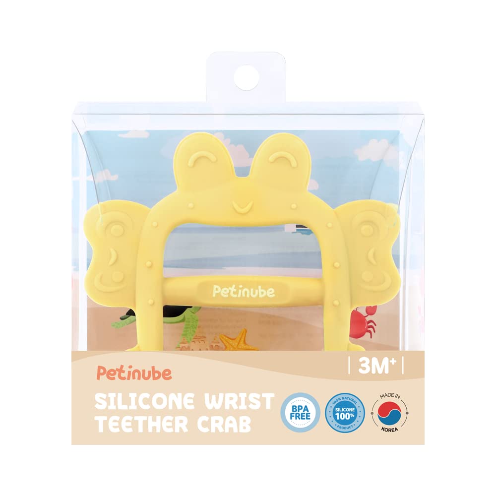 PETINUBE Anti-Dropping Silicone Baby Wrist Teether, Soothing Pacifier for Infants 3+ Months, Crab-Elfin Yellow, Pack of 1, Made in Korea