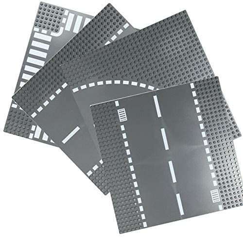 Custom Toys & Hobbies 8 Piece City Building Block Road Base Plates- Straight Crossroads Curve T-Junction Plate-10X10 Inches- Chr