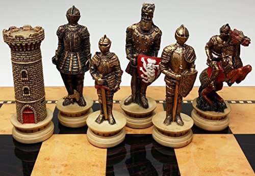 WW/HPL Medieval Times Chess Set - Gold & Silver Warrior Knights with 15" High Gloss Dark Walnut & Birdseye Maple Board