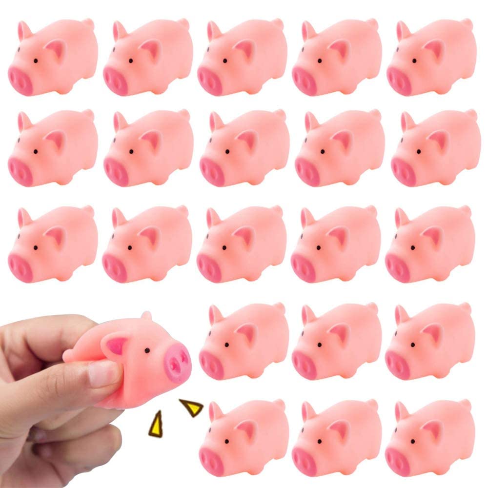 HAKACC 20 PCS Mini Squishies Pig Bath Toys  Pink Rubber Squeaky Baby Bathtub Toys for Baby Shower Party Favors
