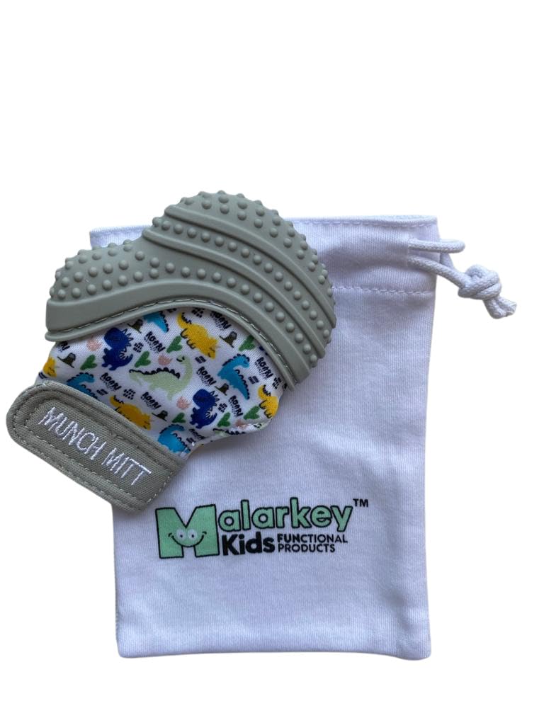 Malarkey Kids Teething Mitten - Silicone Baby Chew Toy, 1 Count, Dino Roar, Heals Gums & Promotes Stimulation