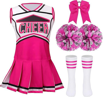 LMYOVE Classic Rose-red 5-Piece Cheerleading Set for Kids - Includes Top, Skirt, Pom Poms, Headband, and Socks,12-14Y