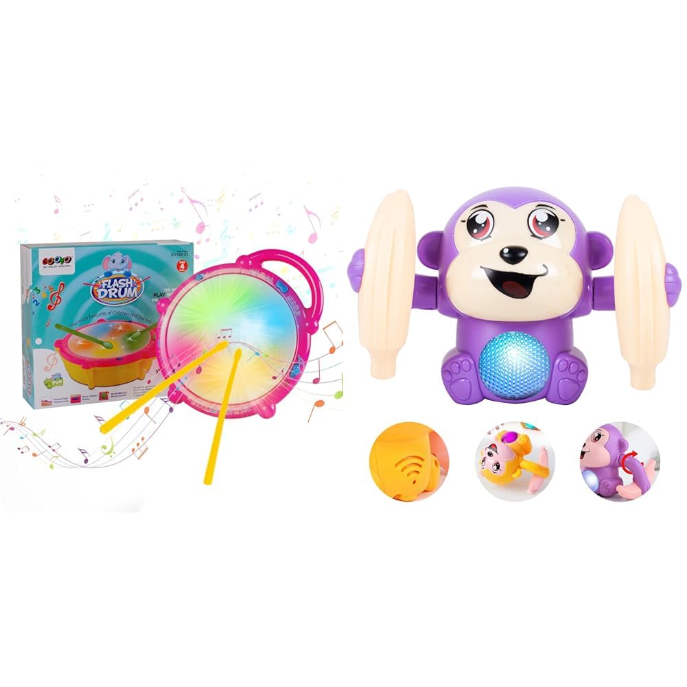 Gooyo Gy16823 3D Flash Drum Toy With Lights, Music, 2 Mallets, Pink, For Toddlers, & Gooyo Gy2020 Voice Control Monkey Toy, Da