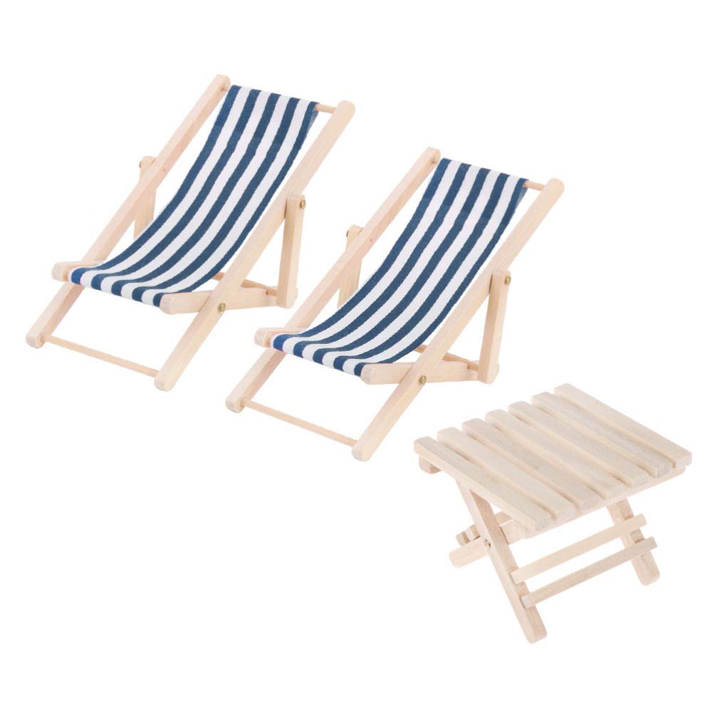 STOBOK Miniature Beach Chair & Table Mini Wooden Folding Beach Sunbath Chair 1:12 Miniature Wooden Lounge Chair and Beach Table Set for Dollhouse Decoration