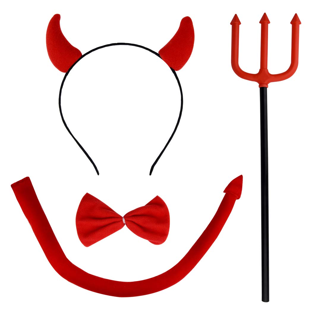 Jmkcoz Halloween Devil Costume Set Devil Horn Headband Red Devil Tail Bowtie Devil Red Pitchfork Demon Cosplay Hair Hoop Accessories For Carnival Themed Party Prop Costume Decoration