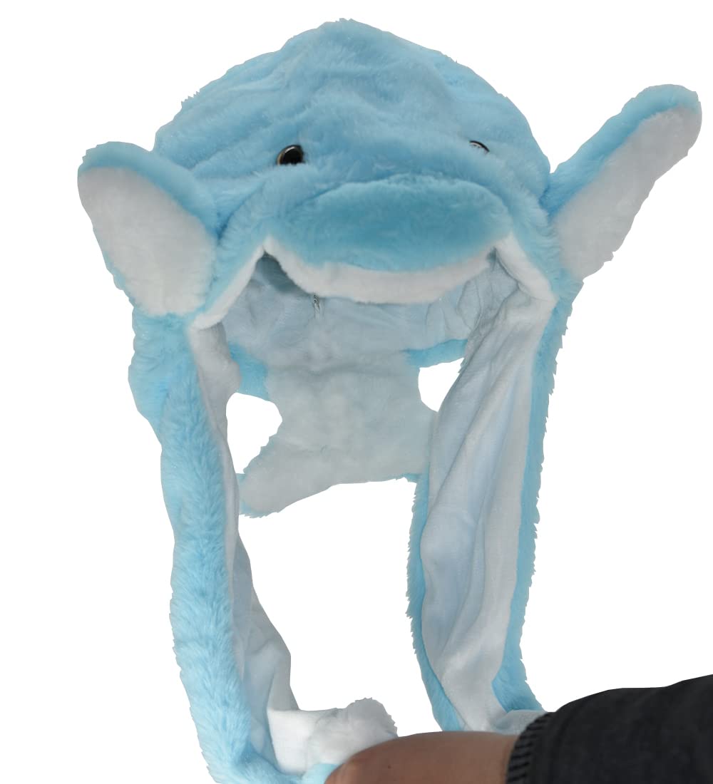 JOYHY Kids Adults Plush Hat Ear Moving Ear Flap Hat with Paw Blue Dolphin