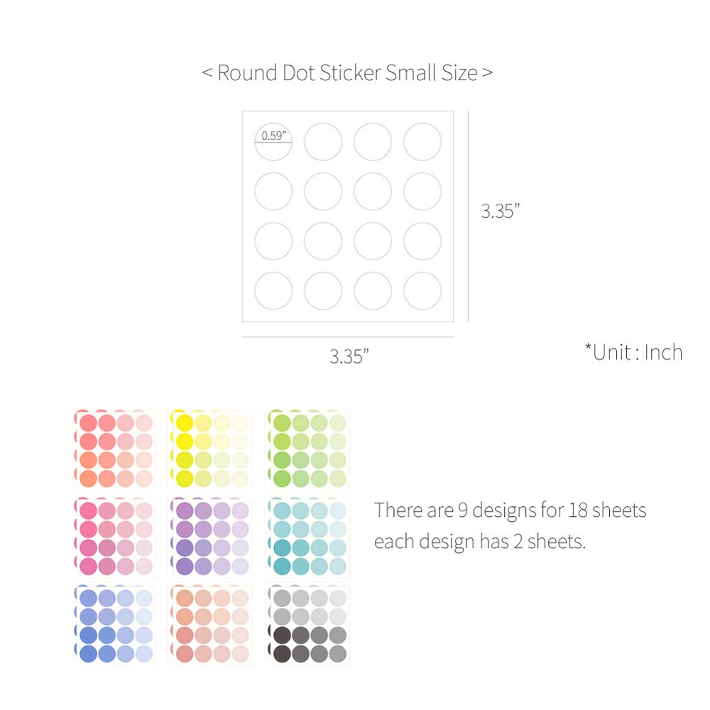 Monolike Circle Stickers - Solid Round Dot Stickers, Small Size Set, 9 Types, 18 Sheets