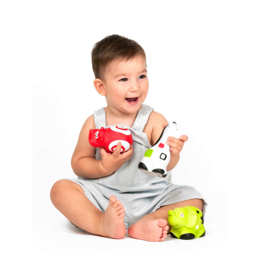 Miniland First Senses 3 Play Pets, Pure Natural Rubber Baby Teether, Soft Latex Toddler Bath Toy Fun, 6 Months To 2 Years, Easy Grip, Multi-Sensory Animals, Visual Patterns, Shapes, Soothing Teething