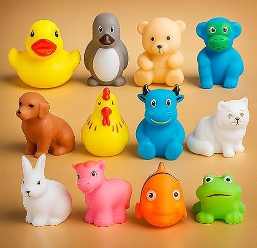 Floating Baby Bath Toys Set of 12 Animals | Chu Chu Sound Squeeze Toys | NonToxic Rubber Bathing Toy for Toddlers & Kids (Multi