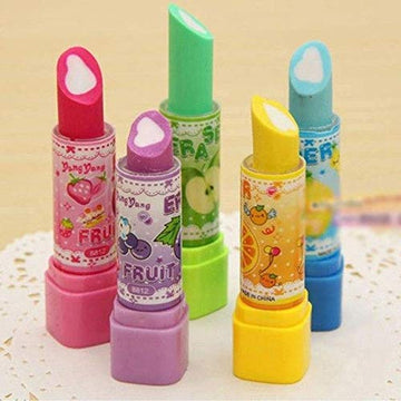 AK Store Girls Cartoon Printed Lipstick Shaped NonToxic Pencil Erasers for Kids, Birthday Party & Return Gift (Set of 4, Multi