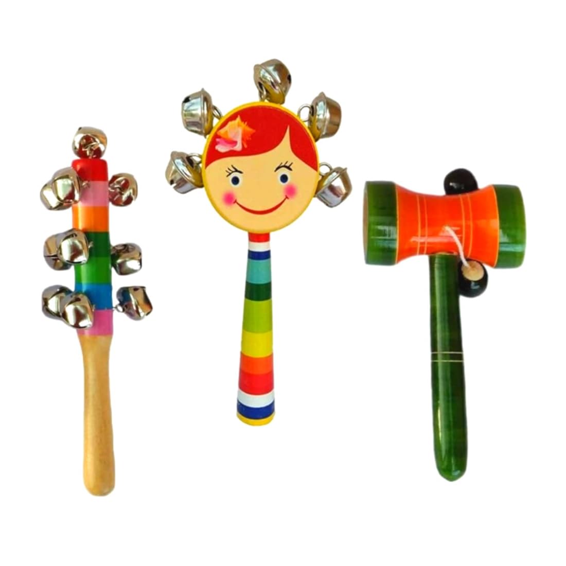 Little Mind Knk Wooden Baby Rattle Toy Set  3 Pcs Bell Stick, Face Rattle & Color Damru Musical Toy | Multicolour Handheld Shak