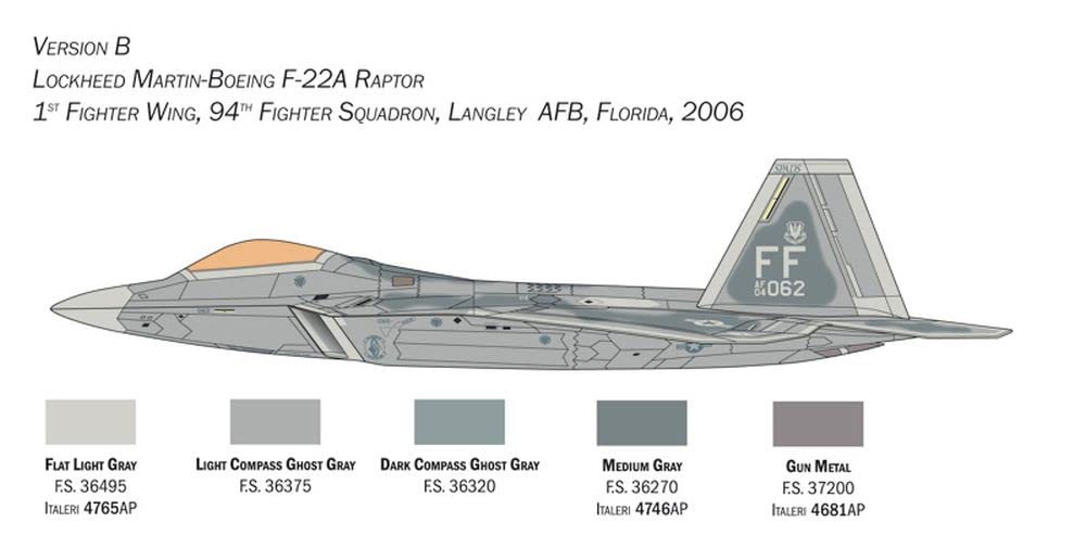 Italeri -2822 F-22A Raptor, 1:48 Scale, Model Kit, Plastic Model to Mount, Modeling, Grey, IT2822