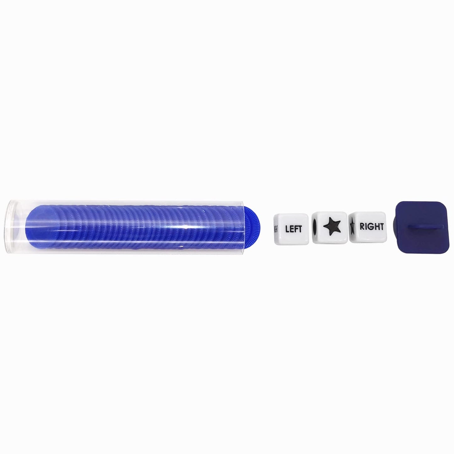 Left Right Center Dice Game Prime Set Bundle With 3 Dices + 36 Chips. Round Tube Storage Is Very Convenient For Travel. Easy To Store, Carry Around. (Blue)