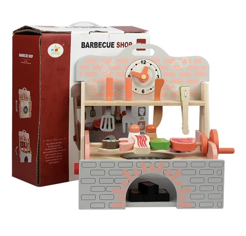 Toyartsy Wooden Toy Barbeque Shop - Includes Pretend Play Wooden Barbeque Food And Barbecue Grilling Tools Barbeque Set