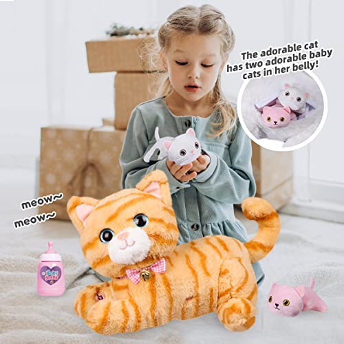 Plush Cat Toy Nursing Stuffed Animal Set, Singing, Barking, Plush Kitty Mommy Cat with 2 Little Plush Baby Kittens Christmas and