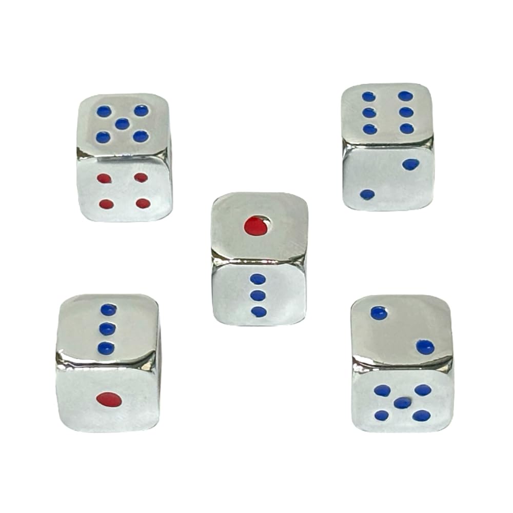 Oeaya 5 Pieces 6-Sided Dice 13Mm Solid Metal Game Dice Set Zinc Alloy Polyhedral Dice For Board Game (Silver With Colored Points