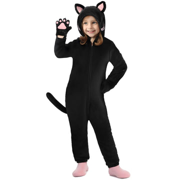 Giftinbox Cat Costume For Girls, Zip-Up Hooded Onesie Black Cat Costume For Kids Dress Up, Role Play Halloween Costumes For Kids Girls 5 6 7 8 9 10 11