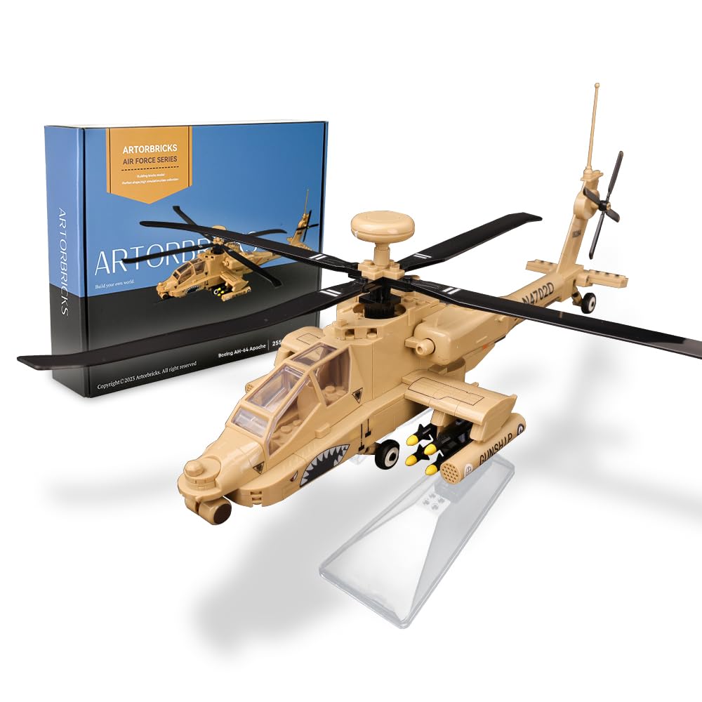 ArtorBricks AH-64 Apache Air Military Building Set with Display Stand - 183-Piece Model Kit for mature-themeds  Collectors & Enthusiasts  enhanced Gift Box Packaging for Holiday & Birthday Present
