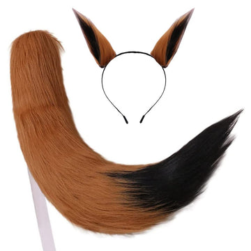 Anime Wolf Fox 25' Plush Tail + 2 Clip Ears Hairpin Headband Prop Plushie Toy Nick Halloween Cosplay New (Brown Black)