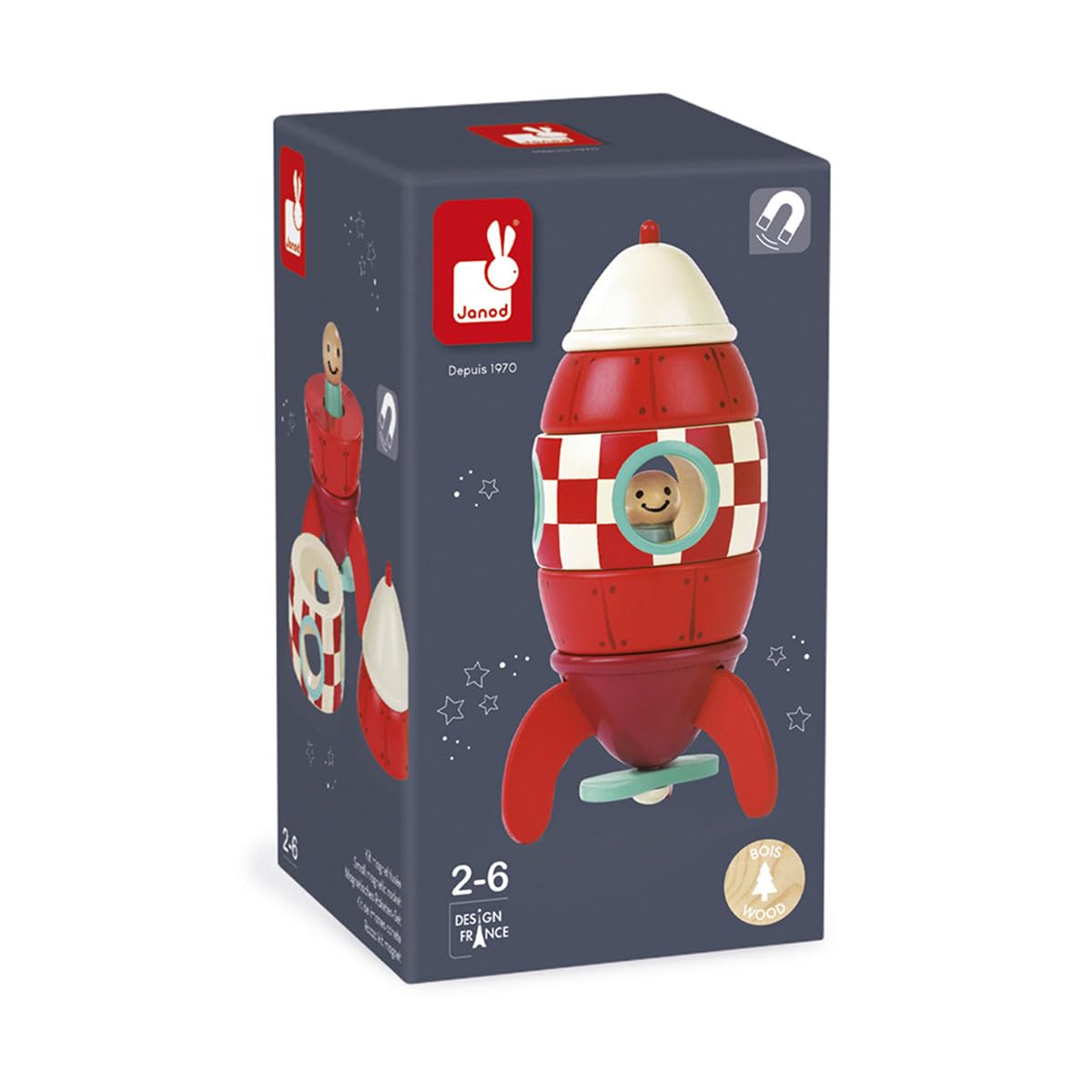 Janod Small Wood Magnetic Rocket Kit - 2-in-1 Game for Ages 2-6 - 16cm - One Color - Model J05207