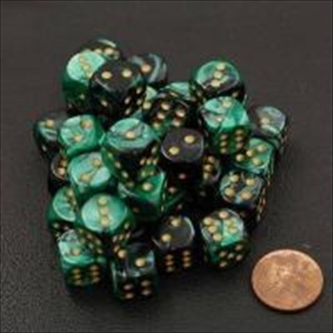 Chessex Manufacturing 26839 D6 Cube Gemini Set of 36 Dice44; 12 mm - Black & Green with Gold Numbering