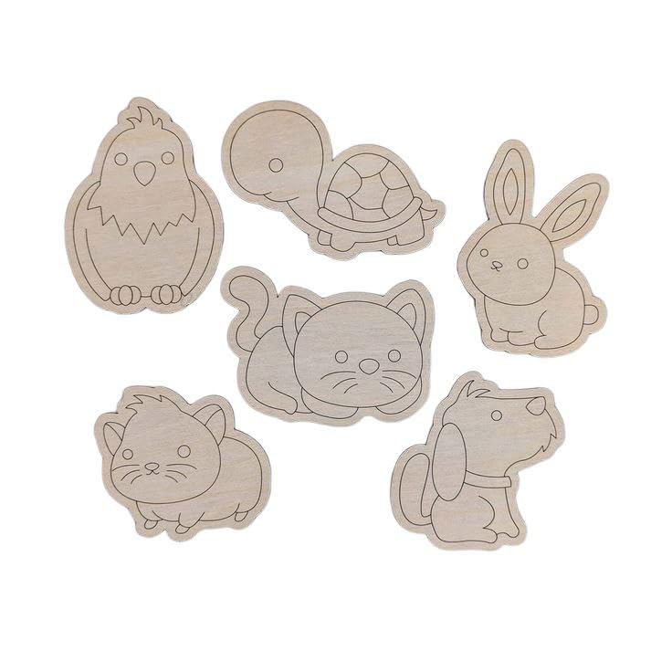 Curious Button Set Of 6 Pcs Pets Animals Diy Paint Kit, Animals Wooden Cutouts, Craft Kit, Diy Paint Set, Gift For Fun, Mdf, Pai